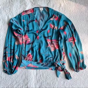 NWOT - A New Day teal blue floral wrap blouse
